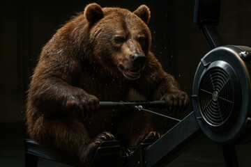 Bear Exercising on Rowing Machine in Humorous Fitness Scene