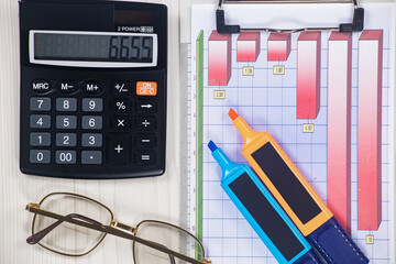 Business and accounting supplies arranged in a composition on an office desk. Top view.