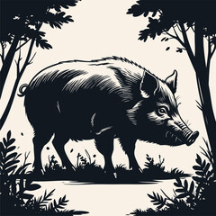 vector image of a wild boar in the forest