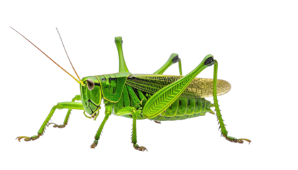 A vivid, close-up macro photograph of a bright green grasshopper isolated against a pure black background.