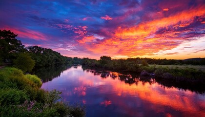 Vibrant Sunset Sky Over A Tranquil River Reflecting Colorful Clouds