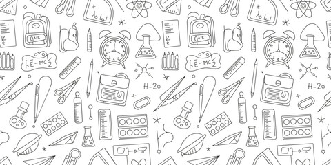Hand drawn science education doodle pattern featuring chemistry, physics, math symbols, laboratory tools, school supplies, and formulas, seamless black and white vector background
