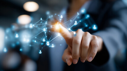 Business hand touching digital network interface faceless, connecting people icons, global communication concept, defocused background, with copy space