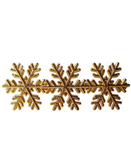 Three glittering gold snowflakes aligned horizontally against a stark black background.