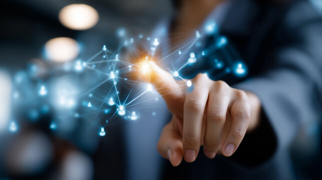 Business hand touching digital network interface faceless, connecting people icons, global communication concept, defocused background, with copy space - Powered by Adobe