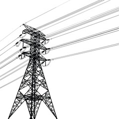 Single high voltage electric power transmission tower with long parallel cables isolated on white background for industrial energy distribution projects.