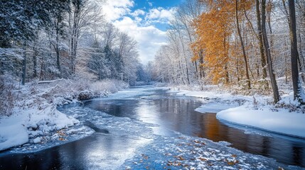 Winter River Flowing Through Snow Covered Forest with Autumn Trees