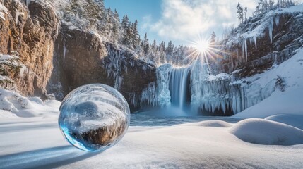 Frozen Waterfall in Winter with Crystal Ice Sphere and Snow Landscape
