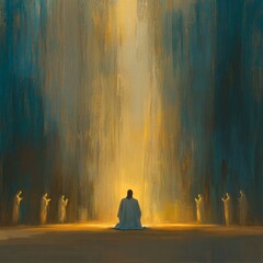 A painting of a man kneeling in front of a group of people. The man is wearing a white robe and he is praying. The painting has a serene and peaceful mood, with the man's posture