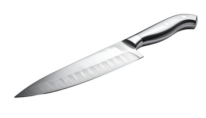 A gleaming stainless steel chef's knife set against a stark black background.