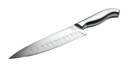 A gleaming stainless steel chef's knife set against a stark black background.