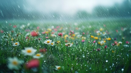 A rich meadow on a rainy day where thousands of tiny water droplets blanket every blade of grass and flower petal