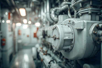 Generic marine diesel engine inside a ship engine room, industrial machinery for maritime engineering and maintenance documentation, ultra-realistic professional industrial photography