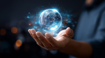 Hand holding glowing hologram earth globe faceless, futuristic technology digital innovation, global connection, modern science concept, hope visualization defocused, with copy spa