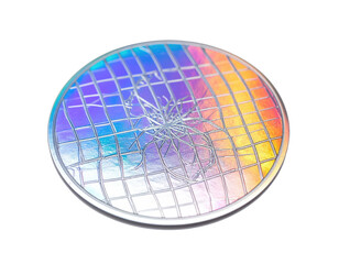 A close-up of a round holographic diffraction grating with a spiderweb-like fracture pattern on a black background.