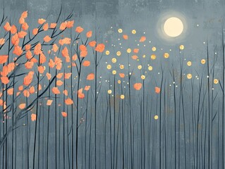 A painting of a forest with a moon in the sky. The mood of the painting is serene and peaceful