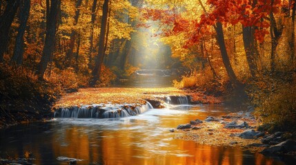A softly cascading river slicing through a luminous autumn forest