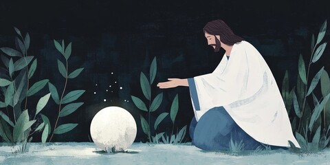 A man in a white robe is kneeling down next to a white object. The man is reaching out to the object, possibly to touch it or pick it up. The scene appears to be set in a natural environment