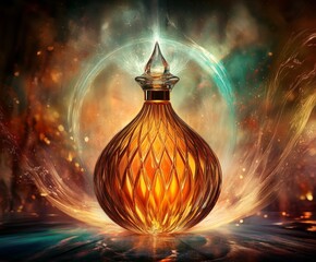 A bottle of perfume is shown in a colorful, abstract setting. The bottle is the main focus of the image, and it is a unique and artistic design. Scene is one of creativity and imagination