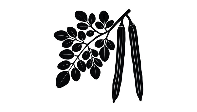 Silhouette moringa leaf and pod illustration black branch with foliage vector design.
