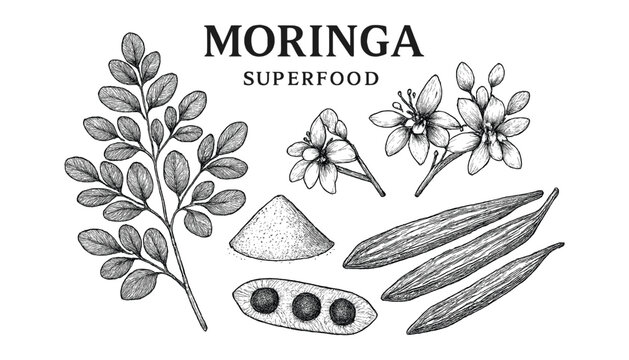 Moringa drawing collection superfood leaf flower seed powder and pod vintage engraved vector.