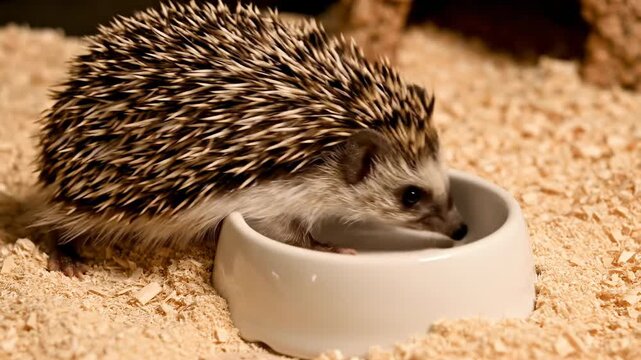 Small African hedgehog slowly approaches and interacts with an empty porcelain food dish situated on a thick layer of soft absorbent sawdust bedding cute, quiet, hedgehog