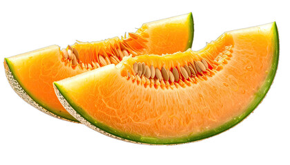 Two vibrant slices of cantaloupe melon showing the bright orange flesh and seeds against a stark black background.