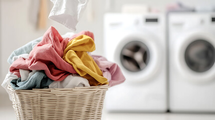 A wicker basket overflowing with colorful laundry in a bright room, washing machines in the background. Cozy, domestic scene for laundry and home care visuals.