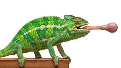 Green chameleon eating lollipop on wooden surface isolated on white background
