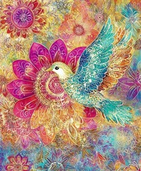 A colorful bird is flying over a flower with a lot of detail. The bird is blue and white, and the flower is pink and yellow. The painting has a lot of detail and is very colorful