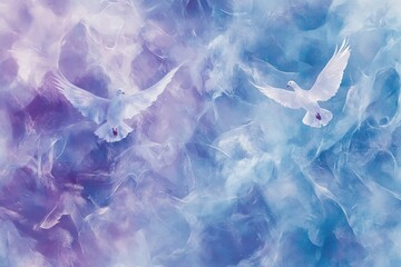 Two white birds flying in the sky above a blue background. The birds are in the air and appear to be soaring. The sky is filled with clouds, giving the scene a dreamy and peaceful atmosphere