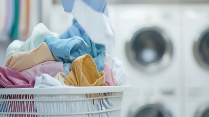 Laundry day: fresh, clean clothes piled in a white basket ready to be folded. Soft pastel colors create a calming, domestic scene. Laundry machines blurred in the background.