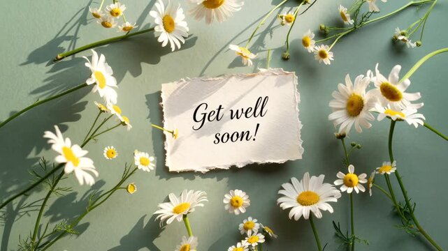 Get well soon card lies on a pastel green surface surrounded by chamomile daisies. The torn-edge card carries elegant handwritten script and soft floral accents. Calming colors and organic textures co