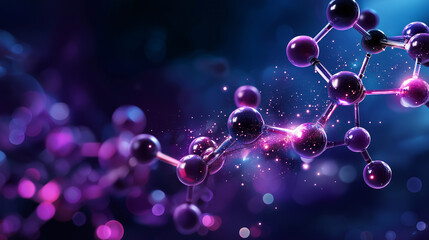 Molecule structure with deep purple and blue hues, abstract science background, futuristic and dynamic energy concept defocused, with copy space