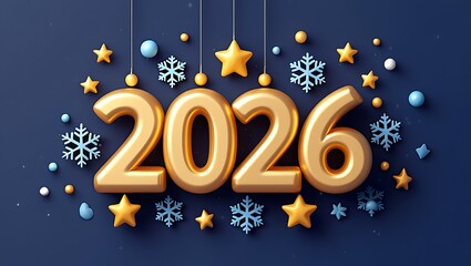 Fototapeta premium Modern 3D Gold 2026 Happy New Year Layout with Hanging Decorations and Snowflakes on Blue
