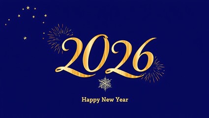 Calligraphy Style Script Gold 2026 New Year Typography with Stars and Fireworks on Blue