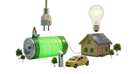 illustration of renewable energy concepts with battery house car and light bulb isolated