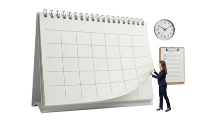 businesswoman writing on large whiteboard with time and clipboard against black background