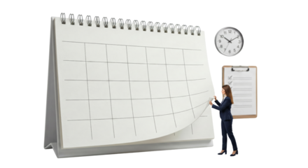 businesswoman writing on large whiteboard with time and clipboard against black background