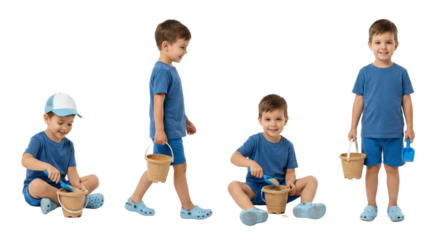Children Playing with Sandbox Buckets and Toys on Isolated Background with Smiling Faces and