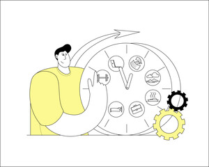 A person trying to control their clock. A clock with a daily schedule. Vector illustration of the concept of time management and work-life balance.