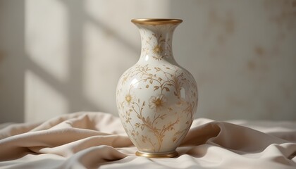   
Elegant antique vase, delicate floral patterns engraved on ceramic surface, subtle pastel colors with golden accents, placed on a soft neutral cloth, soft natural lighting highlighting textures and