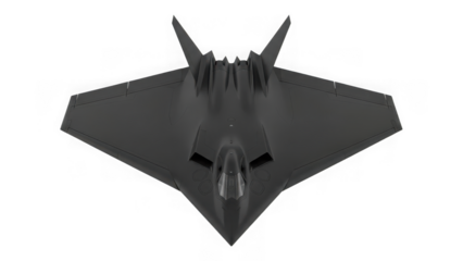 Top view of a black stealth bomber aircraft isolated on transparent background