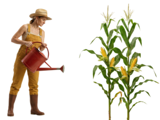 Young girl watering a tall maize plant with a red watering can isolated on transparent background