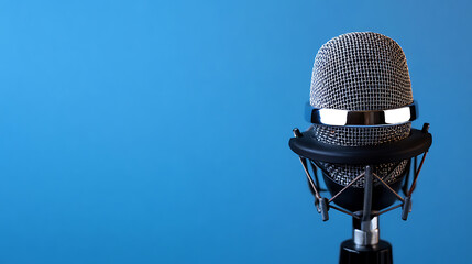 A studio microphone on a stand, bathed in soft light against a solid, blue background. Perfect for voice-overs, podcasts, and broadcast recordings. Studio equipment.