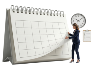 professional woman organizing weekly planner on large desk calendar with clock isolated