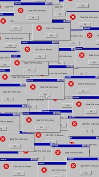 Computer error alert popups filling the screen. Old os critical system crash Mouse click fix button to repair. Vertical phone failure with multiple error windows covering display. Mobile hacker attack