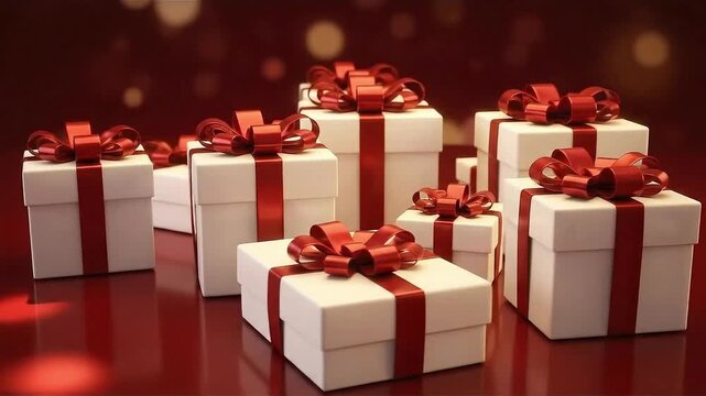 Rotating Elegant White Gift Boxes Tied With Vibrant Red Ribbons against red background. 3D animation