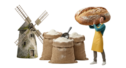 creative composition of a woman holding a large bread loaf beside bags of flour and an old