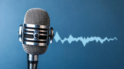 Vintage microphone against a solid blue background with an audio wave form trailing behind.  Perfect for podcasts, voiceovers, and broadcasting. Studio quality sound, simple!